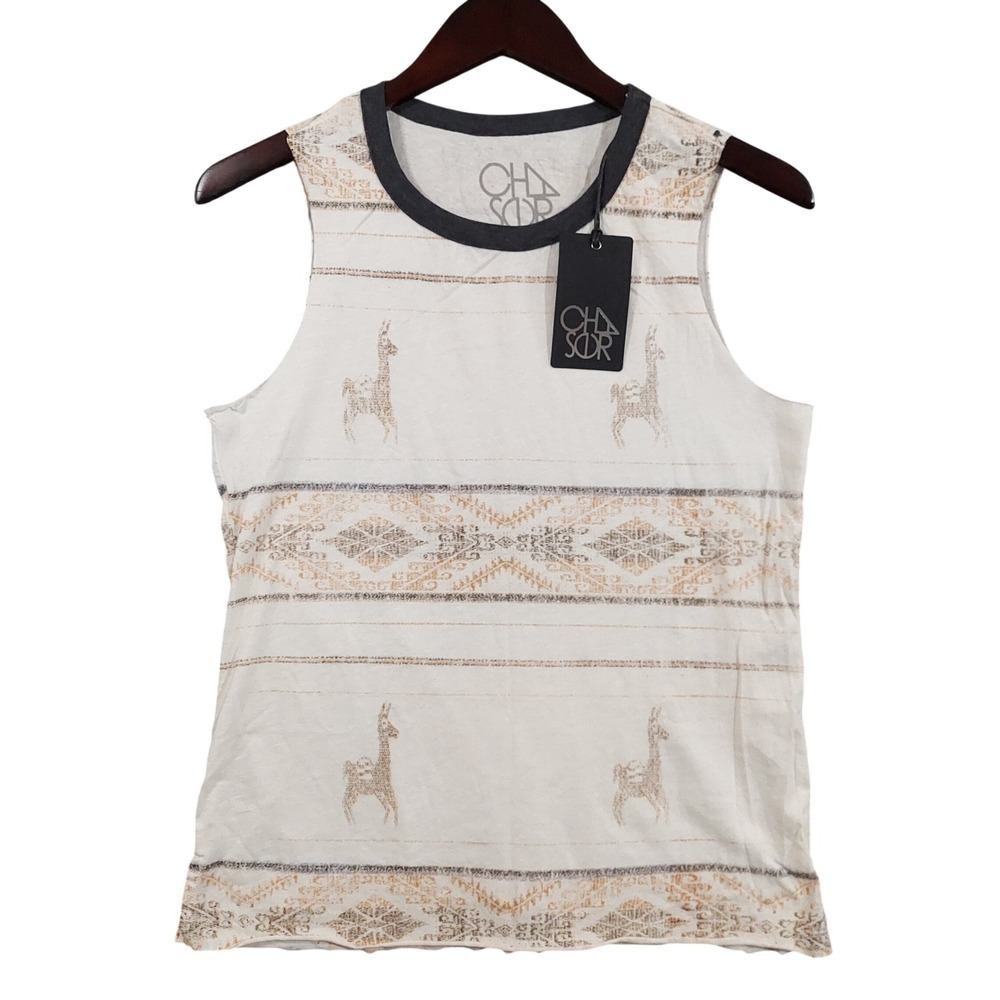 Chaser Tank Top Women Medium White Llama Geometric Print Sleeveless Crew Neck